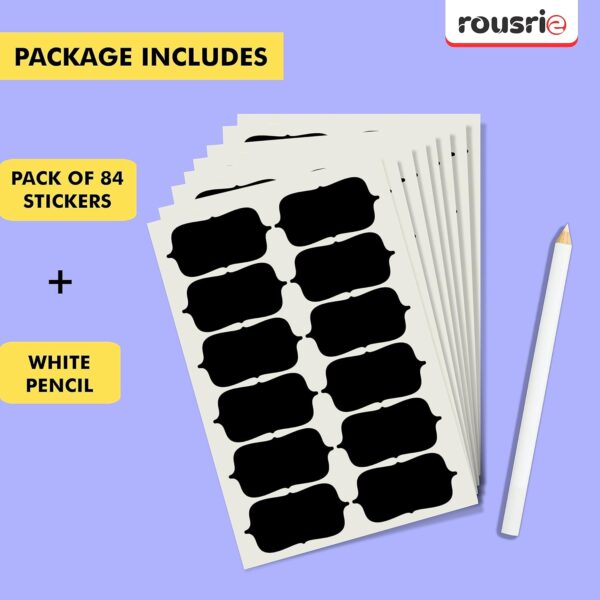 ROUSRIE Pack of 84 Reusable Waterproof Black Same Shape Mason Jars Labels Kitchen Pantry,Spice Jars Glass Bottles – Best Stickers & Organizing Label with White Pencil
