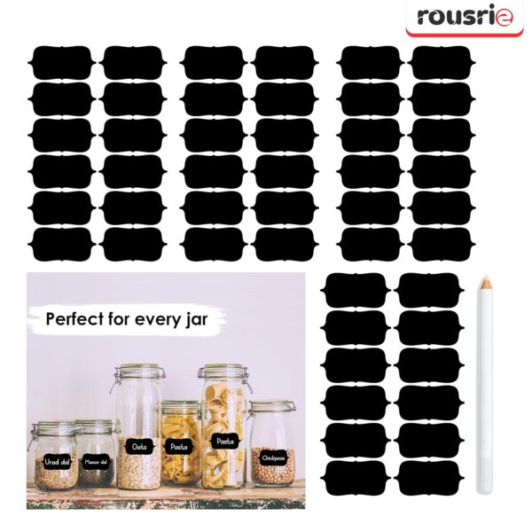 ROUSRIE Pack of 84 Reusable Waterproof Black Same Shape Mason Jars Labels Kitchen Pantry,Spice Jars Glass Bottles – Best Stickers & Organizing Label with White Pencil