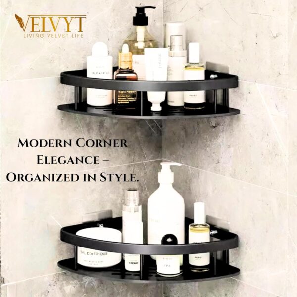 VELVYT Pack of 2, Aluminium Corner Shelf for Bathroom, Corner Stand and Rack Without Drilling, Self-Adhesive Wall Mounted Bathroom Shelf & Kitchen Organizer (Corner Black)