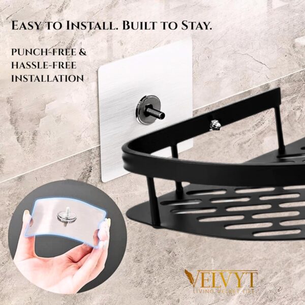 VELVYT Pack of 2, Aluminium Corner Shelf for Bathroom, Corner Stand and Rack Without Drilling, Self-Adhesive Wall Mounted Bathroom Shelf & Kitchen Organizer (Corner Black)