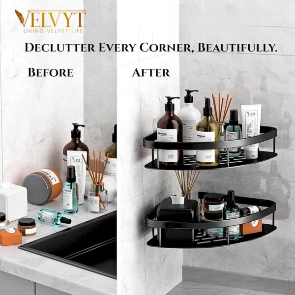 VELVYT Pack of 2, Aluminium Corner Shelf for Bathroom, Corner Stand and Rack Without Drilling, Self-Adhesive Wall Mounted Bathroom Shelf & Kitchen Organizer (Corner Black)