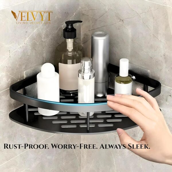 VELVYT Pack of 2, Aluminium Corner Shelf for Bathroom, Corner Stand and Rack Without Drilling, Self-Adhesive Wall Mounted Bathroom Shelf & Kitchen Organizer (Corner Black)