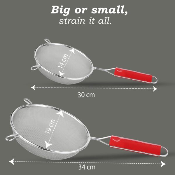 Unify 2 Pieces Stainless Steel Soup & Juice Strainer/Liquid Filter for Kitchen Use, Soup Chalni with Red Handle, Rice & Juice Use (Size-5, 7, Dia-13.5cm, 18.5cm, Set of 2, Silver)