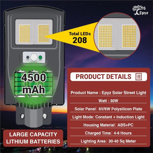 Epyz Plastic 30 Watt Solar Street Lights Outdoor Waterproof With Remote, 208 Leds, Motion Sensor And Dusk To Dawn For Garden, Street, Lawn, Patios And Pathways [ Pack Of 1, Warm Yellow ]