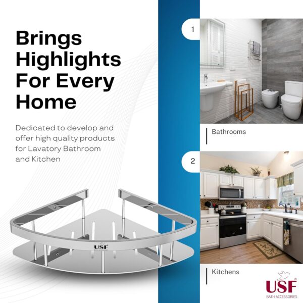 U-S-F BATH ACCESSORIES USF Elegance Stainless Steel Corner Shelf for Bathroom and Kitchen, Wall Mounted Storage Rack for Toiletries and Essentials, Compact Storage Shelf (Pack of 1)