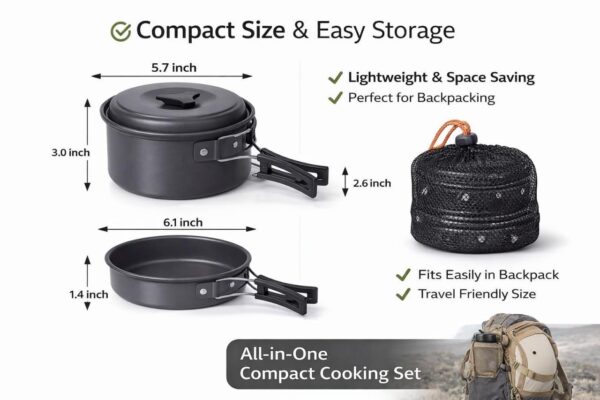 9 Pcs Camping Cookware Mess Kit Backpacking Gear & Hiking Outdoor Cooking Set with Carry Bag, Lightweight, Compact, & Durable Pot Pan Bowls
