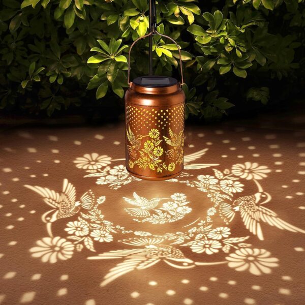 Solar Hummingbird Lantern Hanging Solar Light IP65 Waterproof Outdoor Metal Decorative Garden Light Balcony Patio Pathway Porch Decor Warm LED Lamp Antique Copper Gold Finish A32