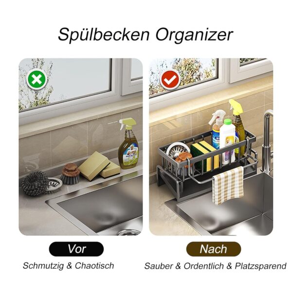 Cisily Kitchen Sink Organizer Rack with Automatic Drain Tray | Stainless Steel Countertop Storage Holder for Sponges, Soap, Brushes & Dishwashing Liquid – Rustproof & Quick Dry Design