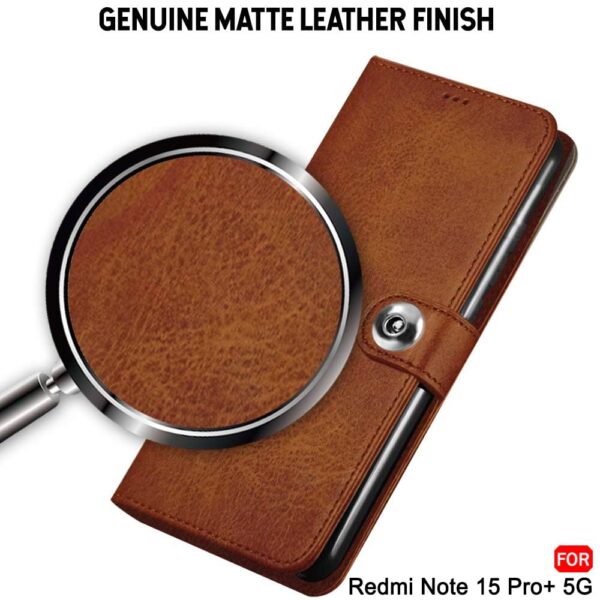 TheGiftKart Flip Cover Back Case for Mi Redmi Note 15 Pro Plus 5G | Genuine Leather Finish | Designer Button | Inbuilt Pockets & Stand | Flip Back Cover for Redmi Note 15 Pro+ 5G (Faux Leather, Brown)
