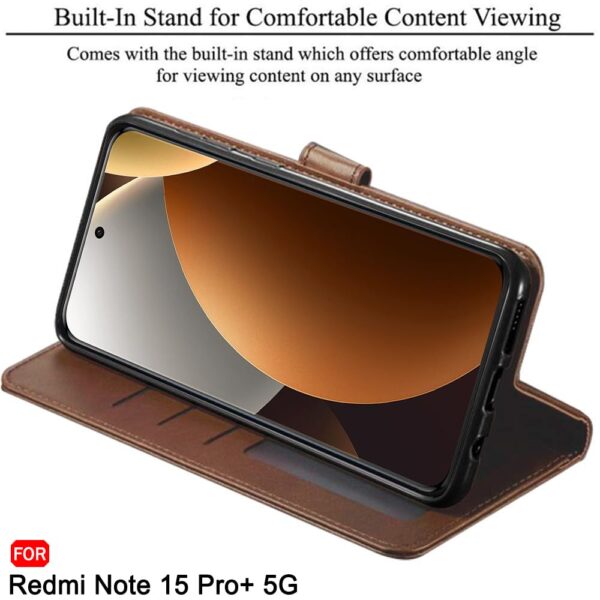 TheGiftKart Flip Cover Back Case for Mi Redmi Note 15 Pro Plus 5G | Genuine Leather Finish | Designer Button | Inbuilt Pockets & Stand | Flip Back Cover for Redmi Note 15 Pro+ 5G (Faux Leather, Brown)
