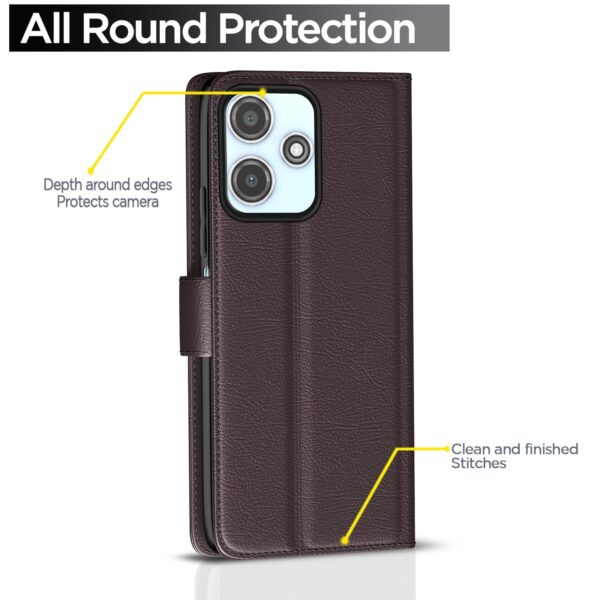 Pikkme Flip Cover Leather Finish | Inside TPU with Card Pockets | Wallet Stand and Shock Proof | Complete Protection Flip Case for Redmi 12 5G / Poco M6 Pro 5G(Coffee)