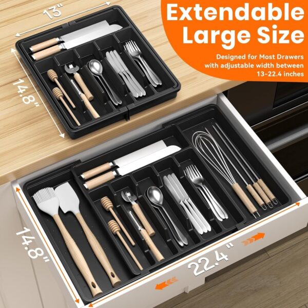 Large Expandable Silverware Organizer, BPA-Free Food-Safe Cutlery Flatware Organizer, Kitchen Utensil Drawer Organizer, Adjustable Silverware Holder for Spoons Forks Knives