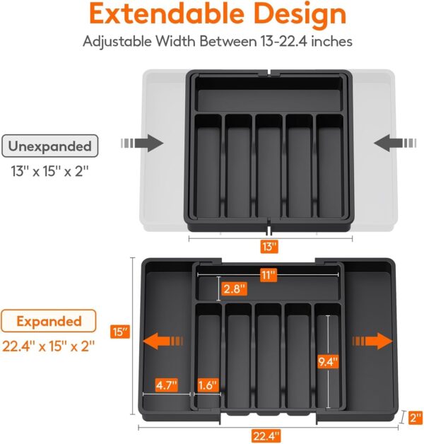 Large Expandable Silverware Organizer, BPA-Free Food-Safe Cutlery Flatware Organizer, Kitchen Utensil Drawer Organizer, Adjustable Silverware Holder for Spoons Forks Knives
