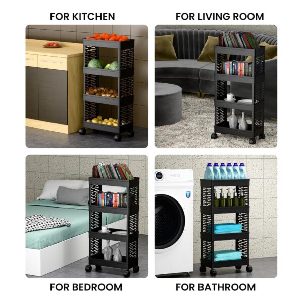 Trailbrix PoRtAbLe uTiLiTy Black 4-Tier Rolling Storage Cart with Wheels, Portable Utility Organizer Trolley for Kitchen, Bathroom, Office(Kitchen Rack 4 TIRE NN)