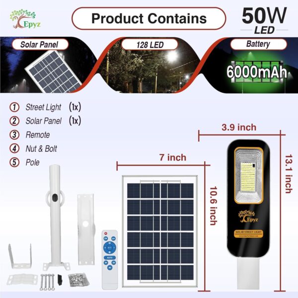 Epyz 50 Watt Semi-Integrated Solar Street Light Aluminium Body Outdoor with Remote and Dusk to Dawn for Garden, Street, Lawn [ 128LED, 6000mAh, Pack of 1, Cold White Light ]