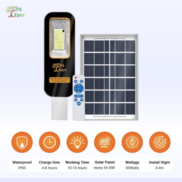 Epyz 50 Watt Semi-Integrated Solar Street Light Aluminium Body Outdoor with Remote and Dusk to Dawn for Garden, Street, Lawn [ 128LED, 6000mAh, Pack of 1, Cold White Light ]