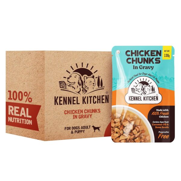1776791291_Kennel-Kitchen-Chicken-Chunks-in-Gravy-130g-Pack-of-12-Wet-Dog-Food-for-Adult-Puppy-Dog-Food-Gravy-with-Regionally-Sourced-Fresh-Chicken-Free-from-Artificial-Colours-Preservatives.jpg Kennel Kitchen Chicken Chunks in Gravy, 130g (Pack of 12) | Wet Dog Food for Adult & Puppy | Dog Food Gravy with Regionally Sourced Fresh Chicken | Free from Artificial Colours & Preservatives