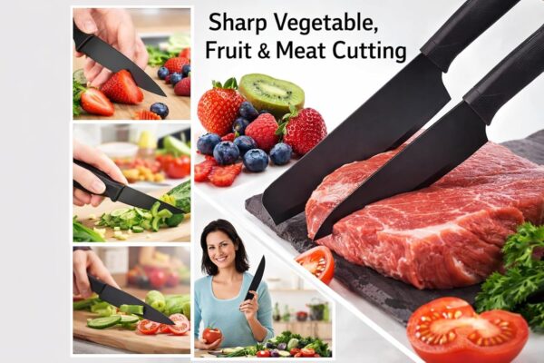 Klick n shop Stainless Steel Kitchen Knife Set – 3 Piece Chef, Utility & Paring Knives with Blade Cover | Sharp Vegetable, Fruit & Meat Cutting Knives with Ergonomic Handle (Black)