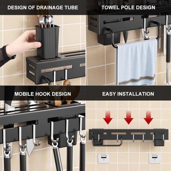 Stainless Steel Kitchen Kitchen Shelf Wall Mount Knife Holder,Towel Hanger, Spatula Ladle Hanging Hooks, Cutlery Holder Storage Rack High Grade Metal Multi-Purpose40 X 5.5 X 7.4 Cm