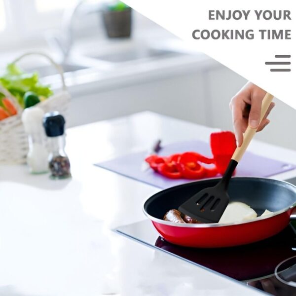 Silicone Kitchen Utensils Set, Wooden Handle Cooking Utensils, Non-Stick Spatula Spoon Turner Safe for Cookware, Non-Toxic & Heat Proof (Pack of 1, Black)
