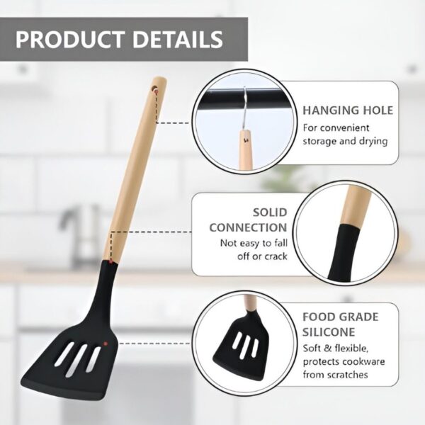 Silicone Kitchen Utensils Set, Wooden Handle Cooking Utensils, Non-Stick Spatula Spoon Turner Safe for Cookware, Non-Toxic & Heat Proof (Pack of 1, Black)
