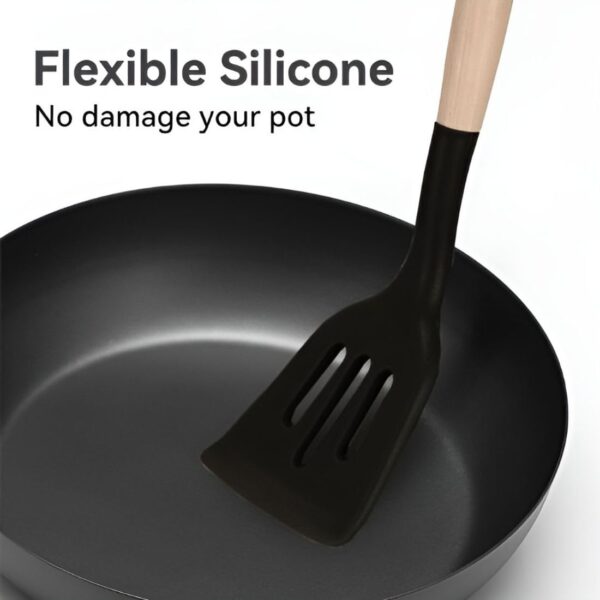 Silicone Kitchen Utensils Set, Wooden Handle Cooking Utensils, Non-Stick Spatula Spoon Turner Safe for Cookware, Non-Toxic & Heat Proof (Pack of 1, Black)
