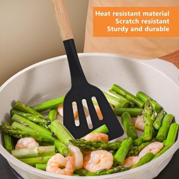 Silicone Kitchen Utensils Set, Wooden Handle Cooking Utensils, Non-Stick Spatula Spoon Turner Safe for Cookware, Non-Toxic & Heat Proof (Pack of 1, Black)