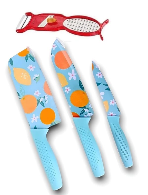 3-Piece Kitchen Knife Set – High Carbon Stainless Steel Santoku Knives with Printed Blades – Sharp Chef's Knife & Utility Knives with Nonstick Coating for Kitchen Use & 4-in-1Peeler