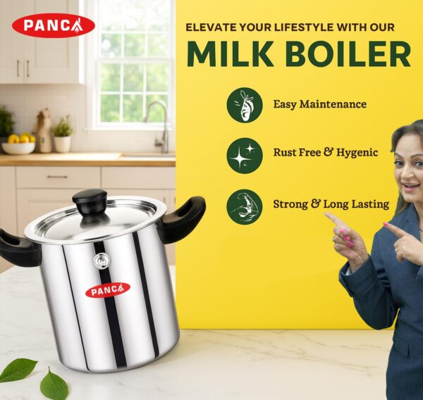 1776866154_PANCA-Stainless-Steel-Milk-Boiler-Spill-Proof-Milk-Boiler-Pot-with-Bakelite-Handle-Whistle-Indicator-Lid-Gas-Induction-Friendly-Double-Boiler-1-Litre.jpg PANCA Stainless Steel Milk Boiler | Spill-Proof Milk Boiler Pot with Bakelite Handle, Whistle Indicator & Lid | Gas & Induction Friendly Double Boiler (1 Litre)