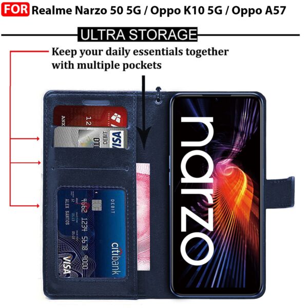 1776881391_CEDO-Flip-Cover-for-Realme-Narzo-50-5G-Oppo-K10-5G-Oppo-A57-Leather-Finish-Inside-Pockets-Inbuilt-Stand-Shockproof-Wallet-Style-Magnetic-Closure-Back-Case-Flipcover-Blue.jpg CEDO Flip Cover for Realme Narzo 50 (5G) / Oppo K10 (5G) / Oppo A57 | Leather Finish | Inside Pockets & Inbuilt Stand | Shockproof Wallet Style Magnetic Closure Back Case Flipcover (Blue)
