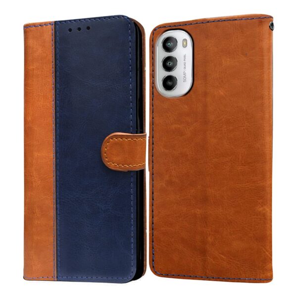 Amazon Brand - Solimo Flip Leather Mobile Cover (Soft, Flexible & Kickstand Back case) Compatible for Motorola Moto G82 5G / Moto G52 4G (CamelBlue)