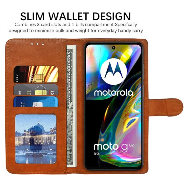 Amazon Brand - Solimo Flip Leather Mobile Cover (Soft, Flexible & Kickstand Back case) Compatible for Motorola Moto G82 5G / Moto G52 4G (CamelBlue)