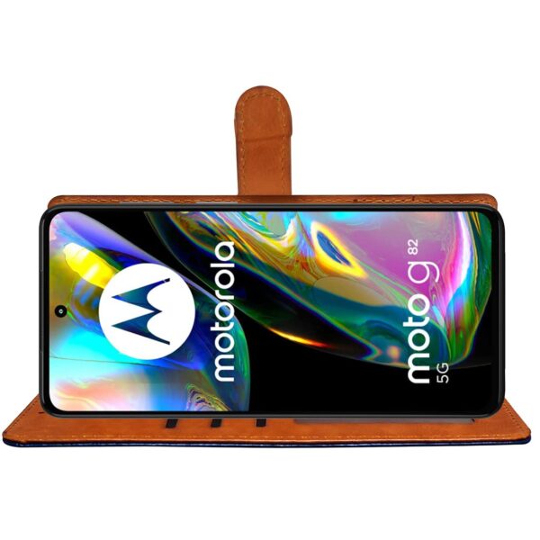 Amazon Brand - Solimo Flip Leather Mobile Cover (Soft, Flexible & Kickstand Back case) Compatible for Motorola Moto G82 5G / Moto G52 4G (CamelBlue)