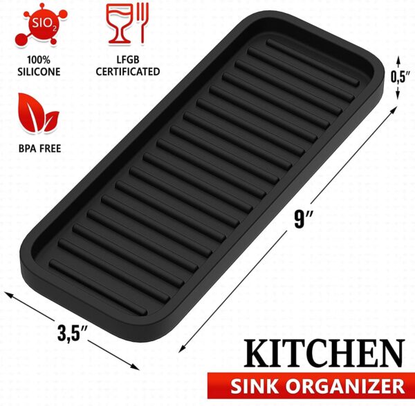 Silicone Sink Organizer Tray, Multipurpose Soap and Sponge Holder for Kitchen and Bathroom Countertop, Non-Slip Soap Dish (Black)