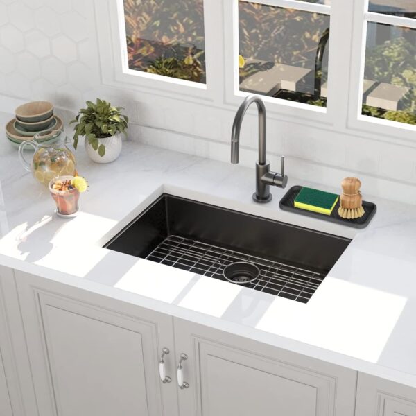 Silicone Sink Organizer Tray, Multipurpose Soap and Sponge Holder for Kitchen and Bathroom Countertop, Non-Slip Soap Dish (Black)