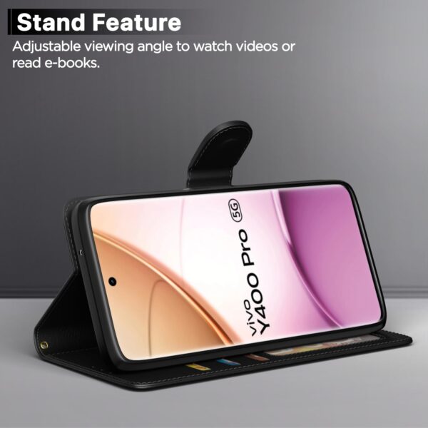 Pikkme Flip Cover for Vivo Y400 Pro 5G| Leather Finish | Shockproof with Card Pockets & Wallet Stand | Ultimate Protection Case (Black)