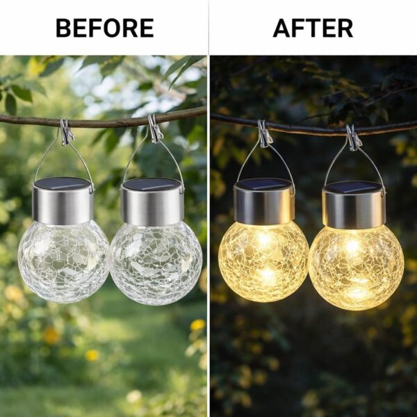 Hanging Solar Lantern Lights, Outdoor Waterproof Cracked Glass Round Ball Lamp, Garden Globe Warm White LED Light for Landscape Walkway Backyard Yard Patio Lawn Pathway (4.7inch) (Pack Of 4)