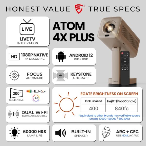 1777001308_E-GATE-Atom-4X-Fully-Automatic-Projector-4k-Ultra-HD-Whale-TV-Live-TV-on-Android-Brightest-400-ISO-Native-1080p-Netflix-Prime-USB-HDMI-ARCCEC-HDRHLG-WiFi-6-BT-Egate-mini-Projectors.jpg E GATE Atom 4X+ Fully Automatic Projector 4k Ultra HD | Whale TV+ Live TV on Android | Brightest 400 ISO | Native 1080p, Netflix, Prime | USB-HDMI ARC+CEC | HDR+HLG | WiFi 6, BT, Egate mini Projectors