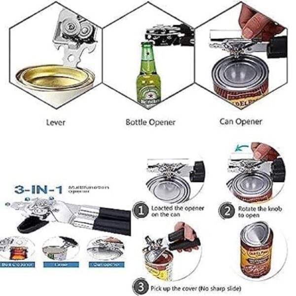 3-in-1 Stainless Steel Can Opener, Bottle Opener & Tin Cutter – Heavy Duty Manual Can Opener with Smooth Edge, Rotating Knob & Comfortable Anti-Slip Hand Grip for Kitchen & Outdoor Campin