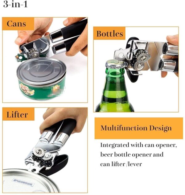 3-in-1 Stainless Steel Can Opener, Bottle Opener & Tin Cutter – Heavy Duty Manual Can Opener with Smooth Edge, Rotating Knob & Comfortable Anti-Slip Hand Grip for Kitchen & Outdoor Campin