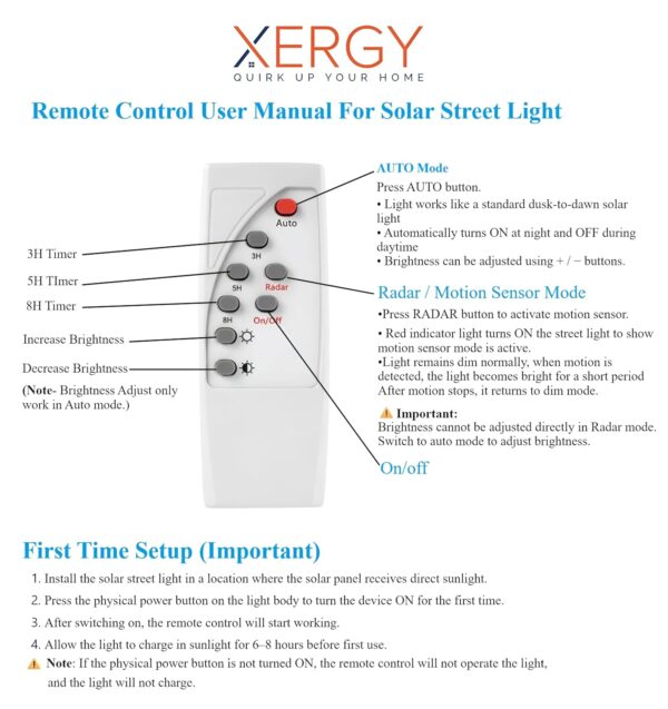 XERGY 50W Solar LED Street Light with Remote – 96 LEDs, Motion Sensor, Dusk to Dawn Sensor, IP67 Waterproof, 3W Solar Panel, 2000mAh Battery – Outdoor Lighting for Garden, Yard, Driveway, Garage