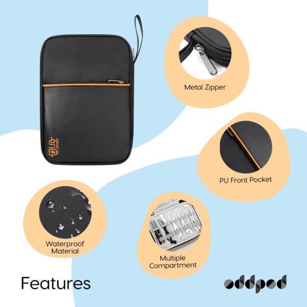 oddpod™ Pu Leather Electronic Gadgets Organizer Bag for Travel/Portable Waterproof All-in-One Storage Case for Cable, Cord, Charger, Phone, Hard Drive and More - Medium (Black)