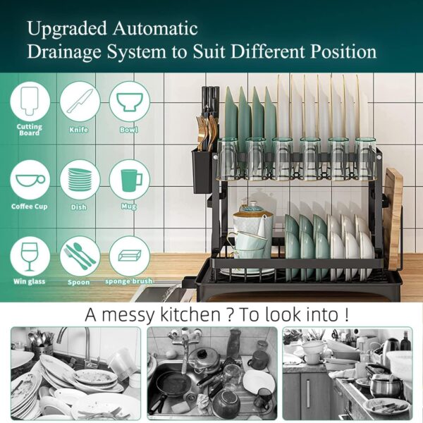 Dish Drying Rack,Dish Rack for Kitchen Counter,2 Tier Large Dish Drying Rack with Drainboard Stainless Steel Dish Drainer with Drainage Utensil Holder (Black-1)
