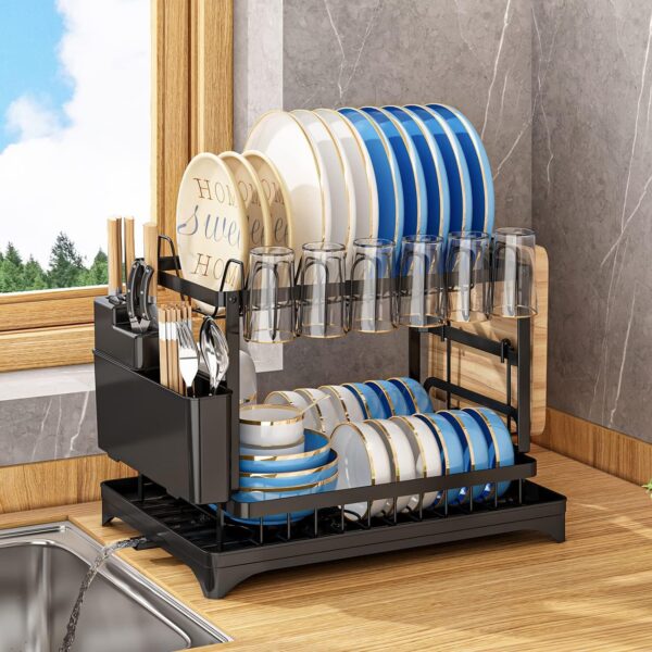Dish Drying Rack,Dish Rack for Kitchen Counter,2 Tier Large Dish Drying Rack with Drainboard Stainless Steel Dish Drainer with Drainage Utensil Holder (Black-1)