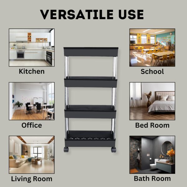 AEXONIZ TOYS Plastic Kitchen Storage Trolley Rack with Wheels, Slide Out Storage Shelves Space Saving Home Storage Organizer Racks, Rolling Utility Cart (Black, 4 Layer)