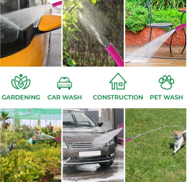 0.5 Inch PVC Pink Zebraline Water Pipe| Lightweight, Durable & Flexible| Hose with 7 Mode Sprey Gun Accessories Connector & Clamps| Watering Garden, Cleaning, Outdoor-Indoor Use (10 Meter)