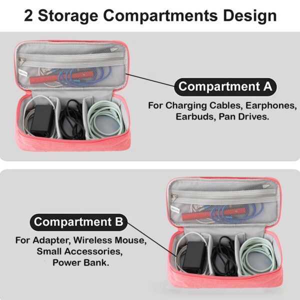 Travel Organizer For Electronic Accessories|Multipurpose Pouch|Adapter, Cable, Gadget Organizer|Two Comparment With Zipper (Pink Blue)