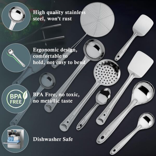 Parage Stainless Steel 10 Pieces Cooking Spoons Set, Contains Ladle, Turner, Strainer, Rice Spoon, Oval Spoon, Serving Spoon, Kitchen Cooking Essential Set for Home, 10 Pcs