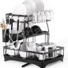 Dish Drying Rack,2 Tier Black Large Drying Rack for Kitchen Counter,Rust-Proof Wear-Resistant Automatic Draining Dish Rack with Utensil Holder,Cutting Board Holder (199 Rack)