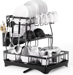 Dish Drying Rack,2 Tier Black Large Drying Rack for Kitchen Counter,Rust-Proof Wear-Resistant Automatic Draining Dish Rack with Utensil Holder,Cutting Board Holder (199 Rack)